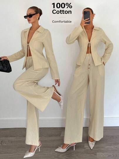 Siren Gaze 2 Pcs/Set Cotton Beaded Front Straps Shirt And Pants Set Butter Yellow Women's Set, Autumn Two-Piece Set,Back To School Clothes,Teacher Outfits For Women,100% Cotton Woman Suit Pants Suit Cream Two Pieces Set Beige Two Pieces Set Women Suit Winter Casual