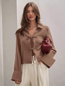 COSMINA Women's Plain Khaki Front Tie Long Sleeve Minimalist Business Casual Work Shirt, Casual Daily Wear FAll,Fall Tops,Elegant Women's Blouses - Brown - View 9