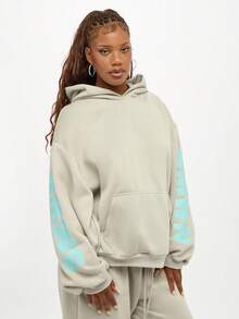 SUMWON WOMEN Áo hoodie oversized ấm áp dạo phố có lót lông cừu, mũ trùm đầu rút dây cao cấp, thời trang đô thị hiện đại, trang phục thiết yếu cho phụ nữ mùa thu đông - Xám - Xem 6