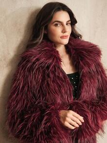 Anewsta 时尚酒红色和黑色仿皮草短外套，女士秋冬款 - 酒紅色 - 查看 5