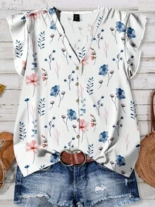 EMERY ROSE 大码女装日常休闲度假粉色V领小飞袖度假风蓝白碎花宽松衬衫, 女士夏装, 女士度假服装, 女士夏装, - 藍白色 - 查看 1