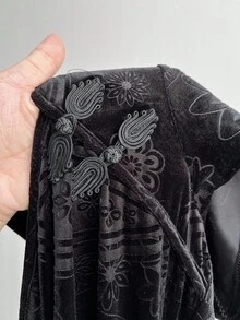 Flirla Black Velvet Cheongsam, Chinese Style Cheongsam, High Slit Short Sleeve, Elegant Halloween