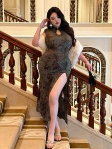 Flirla Váy sườn xám nhung jacquard kiểu Trung Hoa thanh lịch dành cho nữ cỡ lớn - màu xanh lá - Xem 1