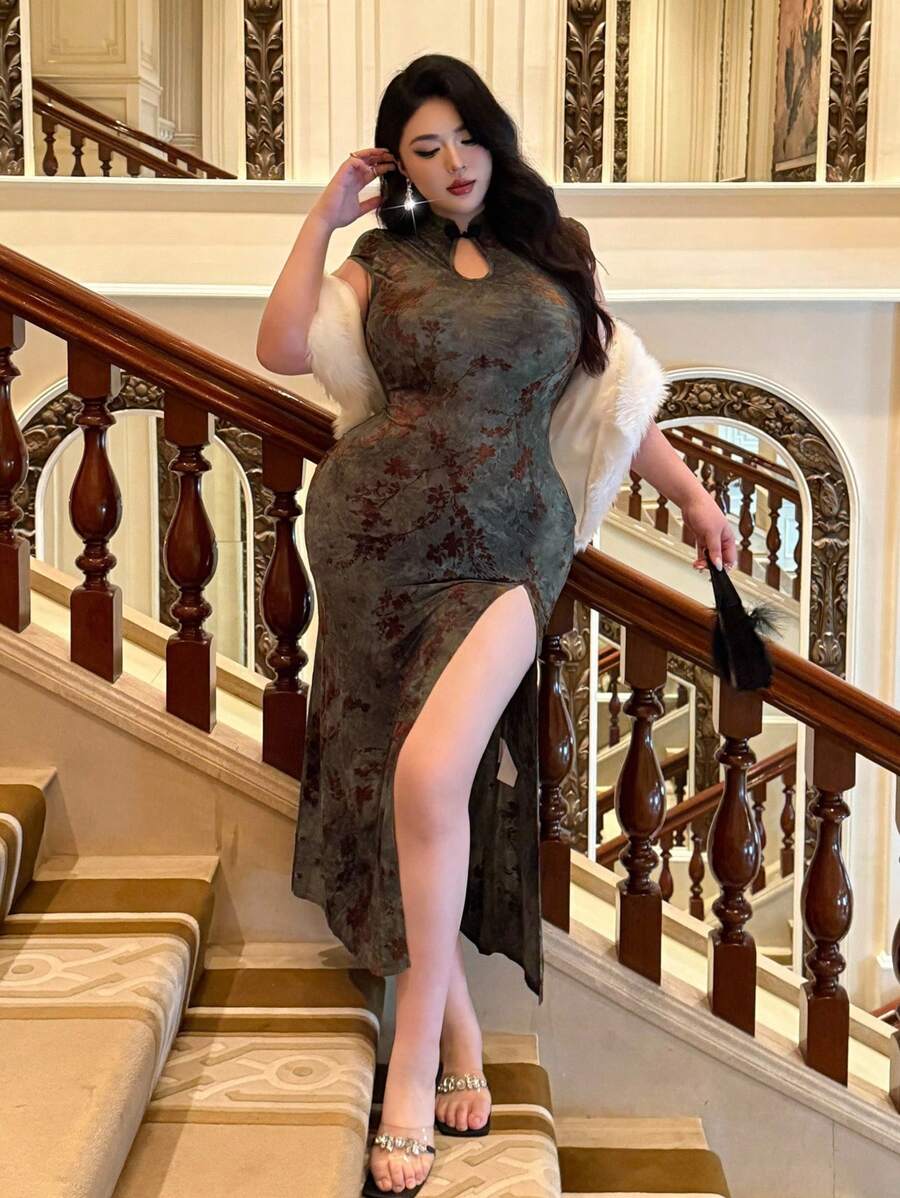 Flirla Váy sườn xám nhung jacquard kiểu Trung Hoa thanh lịch dành cho nữ cỡ lớn - màu xanh lá - Xem 1