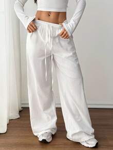 SHEIN PETITE Women's Summer Country Concert Going Out Boho Beach Vacation Outfits Basic Minimalist Washed 100%Cotton White Pants Curved Hem Pants,Fall Women Clothes White Wide Leg Pants Women - White - View 10