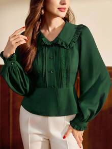 Vintamour Vintage Classic Elegant Women's Blouse, Fitted Ruffle Collar Blouse, Striped Floral Lace Trim Blouse, Long Sleeve Button-Up Blouse, Moss Green - Dark Green - View 3