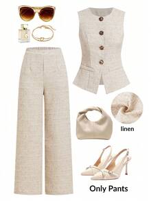 SHEIN PETITE CURVE Quần ống đứng dáng rộng thanh lịch đa năng cho nữ cỡ lớn - Màu Khaki - Xem 1