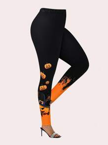 SHEIN LUNE 万圣节南瓜印花长袖上衣和紧身裤套装，女装 - 黑色 - 查看 5