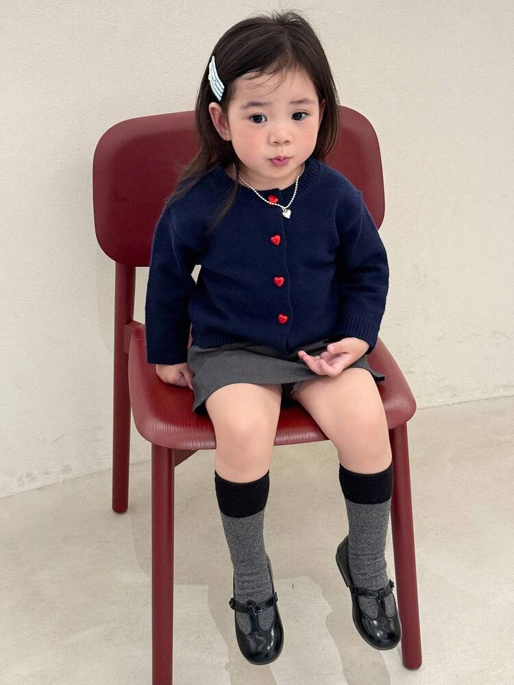 Baby Girl Solid Color Round Neck Long Sleeve Cardigan, Korean Style, Autumn/Winter