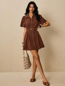 Poéselle Abito mini casual da donna con bottoni frontali, colore tinta unita, adatto per le vacanze - Castano - Visualizzare 1