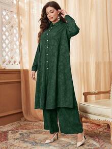 Al Najma Set casual de 2 piezas con botones de contraste y textura jacquard en talla grande - Verde - Ver 5