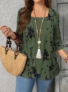 EMERY ROSE Summer Women's Floral Leaf Printed Patchwork 2 In 1 T-Shirt Graphic Tees Women Tops - Dark Green - View 1