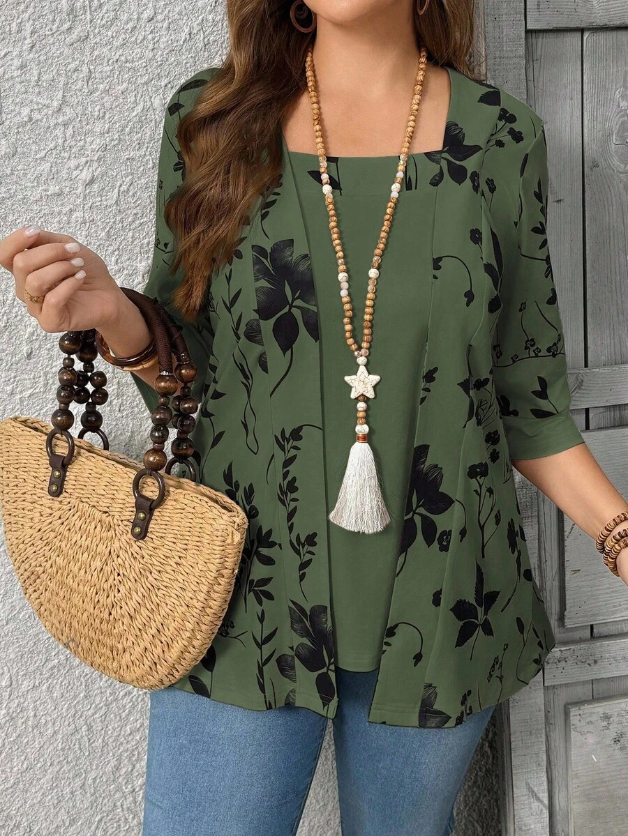 EMERY ROSE Summer Women's Floral Leaf Printed Patchwork 2 In 1 T-Shirt Graphic Tees Women Tops - Dark Green - View 1