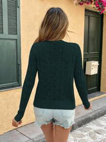 EMERY ROSE 女士长袖单排扣镂空休闲薄款针织开衫 - 墨綠色 - 查看 2