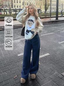 SHEIN Cottnline RueChic Casual Navy Blue Elastic Waist Loose Wide Leg Pants - Dusty Blue - View 1