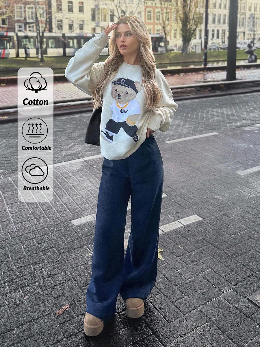 SHEIN Cottnline RueChic Casual Navy Blue Elastic Waist Loose Wide Leg Pants - Dusty Blue - View 1