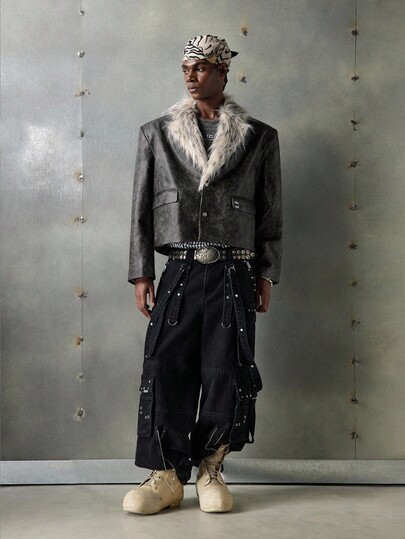 NEON BLANC Blazer corto de ajuste holgado con cuello de solapa de felpa para hombres, otoño/invierno