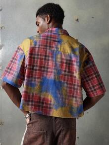 NEON BLANC Men's Tie-Dye Plaid Rhinestone Embellished Denim Shirt, Suitable For Halloween - Red - View 4