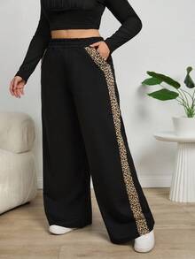 EURMUSE Leopard Trim Belly Detailed Long Wide Leg Black Pants - Black - View 6
