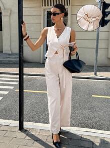 Siren Gaze Women's Casual/Commute Solid Color Metal Button-Decorated Shirt & Pants 2 Pieces Set,Sleeveless Slim Fit Shirt Tie Two-Piece Set,All-Season,Fall Women Clothes,Winter Outfits For Women ,Business Casual Woman,Belted Shirt Two-Piece Set,Office Outfits For Women, Office Wear Women,Faux Linen Bamboo Weave Non-Stretch Fabric,Can Be Ordered One Size Larger