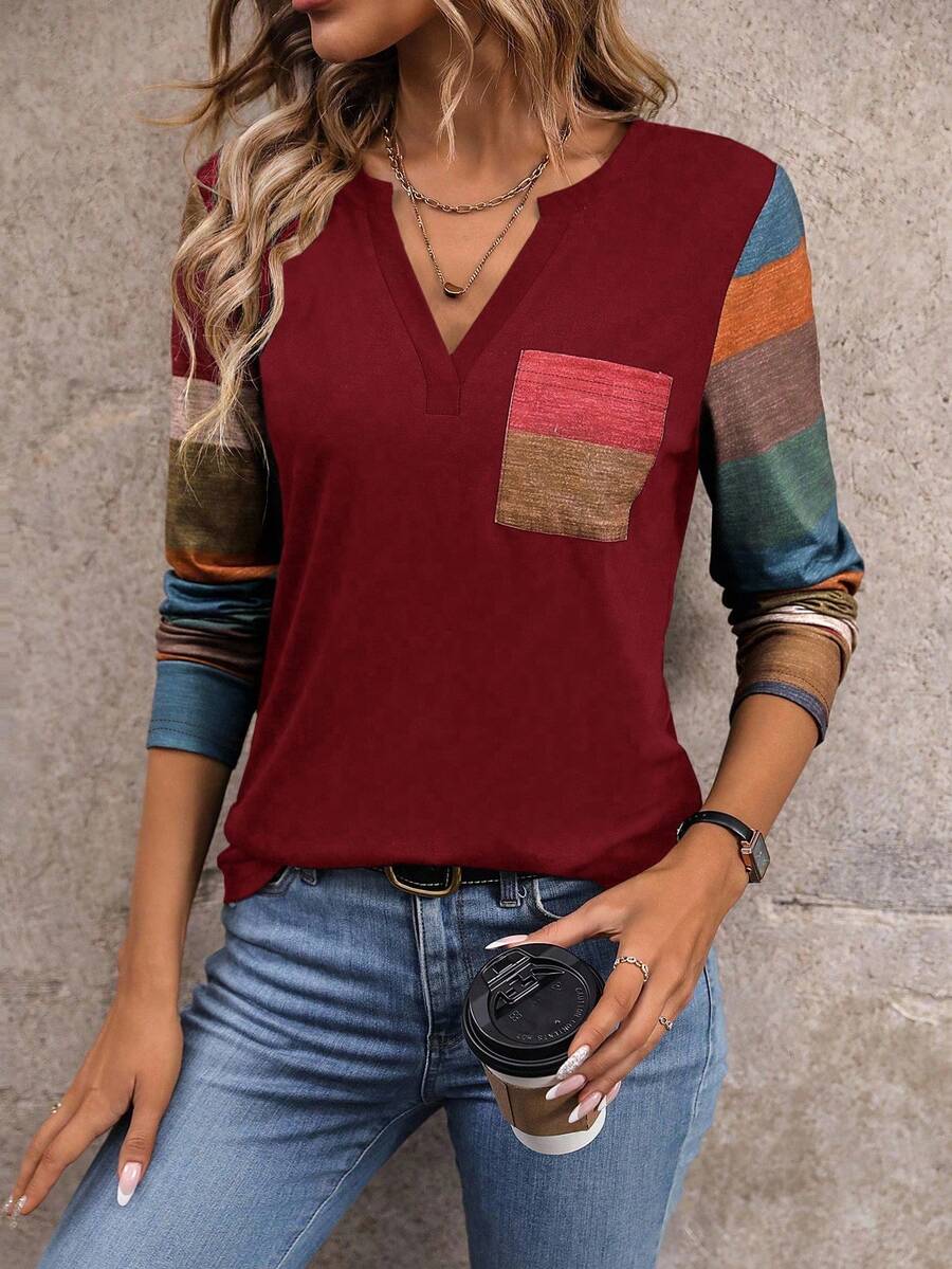 EMERY ROSE Áo thun cổ khoét lỗ túi vá màu khối họa tiết áo thun nữ - Nhiều màu - Xem 1