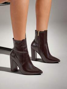 SHUZIA 女士迷人性感尖头侧拉链粗跟袜靴 - 巧克力棕 - 查看 2