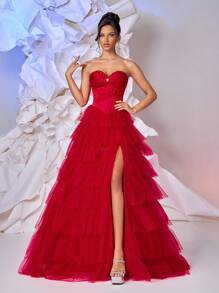 Glamrae Elegant Red Satin & Net Mesh Lace Sweetheart Neckline Rhinestone & Fishbone Boned Belted A-Line Asymmetrical Hem High Slit Backless Adjustable Tie Dress, Suitable For Birthday, Prom, Wedding, Graduation, Formal Occasion - Burgundy - View 6