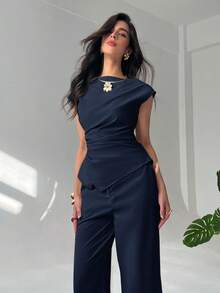 Aloruh 简约通勤办公套装，新款春夏船领短袖收腰女式衬衫+高腰超长阔腿女式长裤，两件套 - 藏蓝色 - 查看 1