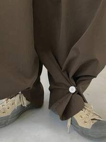 FRIFUL Bộ jumpsuit nữ màu nâu trơn, cổ tròn, cài cúc ở eo, ống thẳng, dáng rộng, thoải mái, thích hợp cho du lịch sân bay, mùa thu. - Cà phê nâu - Xem 7