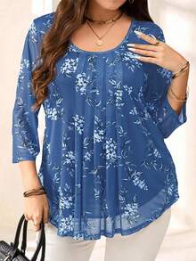 EMERY ROSE 大码女式海军蓝花卉印花七分袖衬衫，夏季