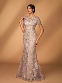 Serin Elegant Luxurious Embroidered Lace Sequin Floral Design With Faux Pearl Sheer Sleeve Dress, Suitable For Wedding, Party, Vacation, Prom, Evening Gown, Mother Of The Bride, Valentine's Day - Pink - View 4