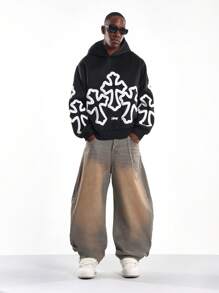 SUMWON 时尚哥特式十字印花套头连帽衫男女款冬季街头服饰厚重超大时尚宣言图案设计都市休闲 - 黑色 - 查看 5