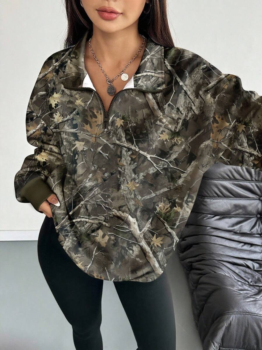 INAWLY Women's Hoodie / Half-Zip Casual Crew Neck Sports Top / Full-Print Leaf Pattern / Digital Printing Technology / Loose-Fit Women's Casual Sports Top / Autumn-Winter Style Fall Cloth For Women