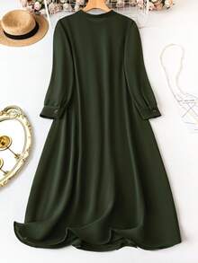 EMERY ROSE Váy Maxi Tay Dài Cài Nút Màu Trơn Cỡ Lớn Cho Nữ, Trang Phục Giáng Sinh - xanh quân đội - Xem 2