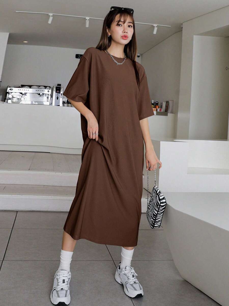 Đầm dài cổ tròn màu trơn dành cho nữ, kiểu dáng đường phố mùa hè. - màu nâu - Xem 1
