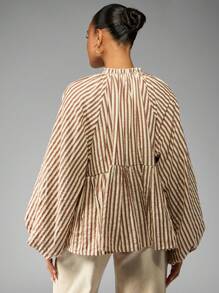 MISSGUIDED 灯笼袖条纹农家衬衫蓬松上衣，荷叶边领，高腰高腰剪裁，秋冬休闲女性日间时尚 - 彩色 - 查看 2