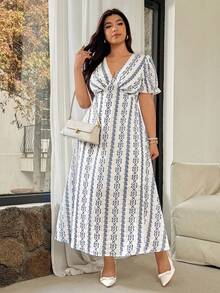 Vionelle Plus Size Women's Elegant Puff Sleeve V-Neck Vintage Print Cinched Waist Midi Dress, Spring/Summer/Autumn - Blue and White - View 3