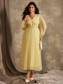 Roveilla 大码秋冬百褶扭纹休闲优雅连衣裙 - 黃色 - 查看 3