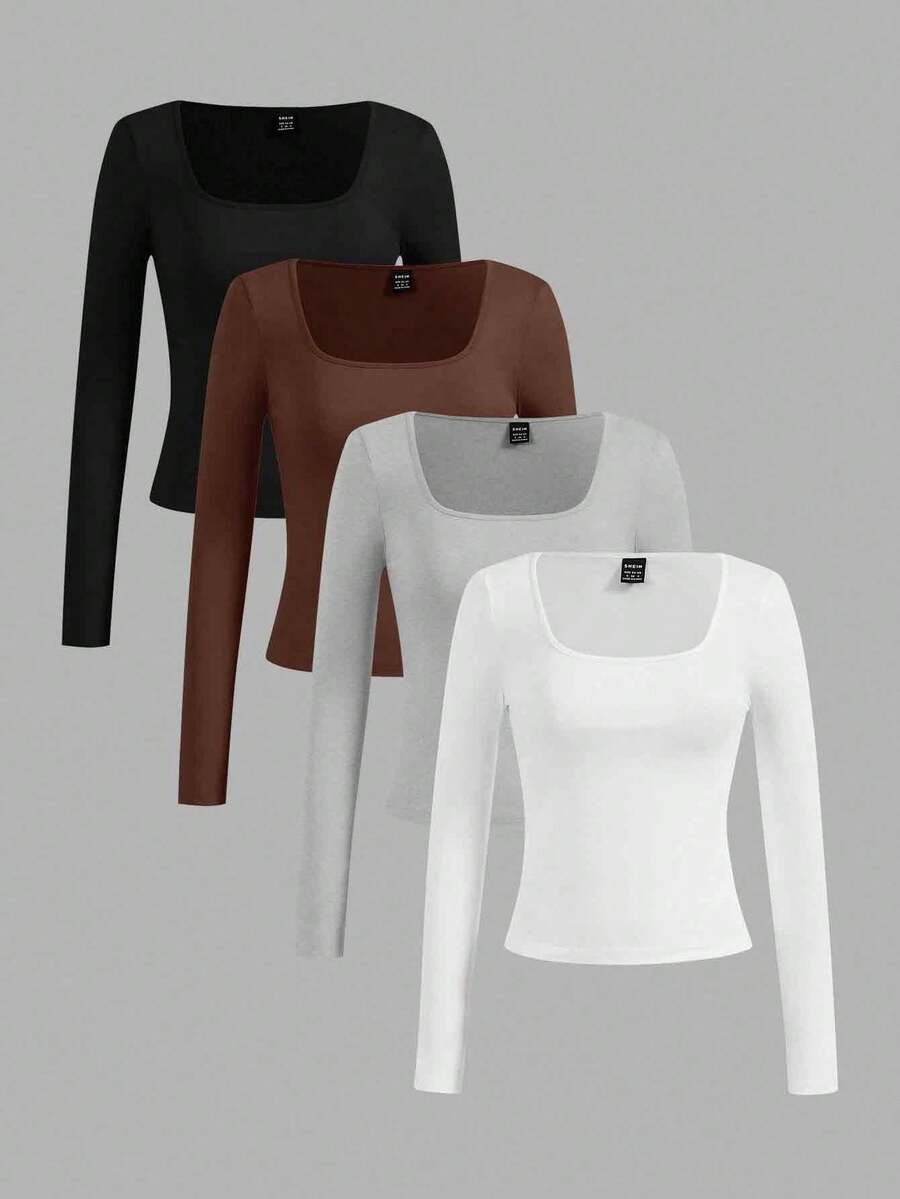 SHEIN Essnce 4pcs/Set Casual Solid Color Versatile Crew Neck Long Sleeve T-Shirts For Women, Suitable For Spring & Autumn,Fall - Multicolor - View 1