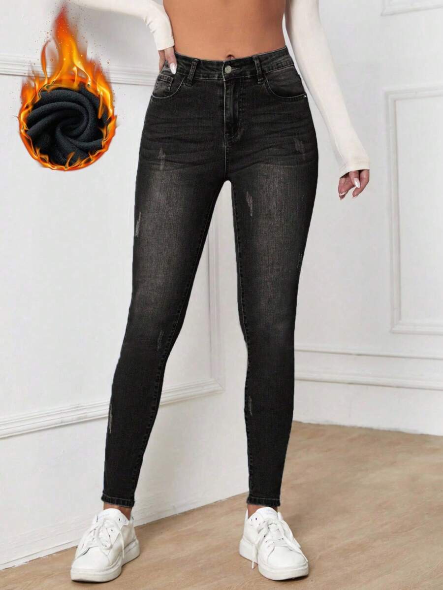 EMERY ROSE Quần Jeans Ôm Dáng Có Túi Lót Nhiệt Cho Nữ, Kiểu Dáng Thường Ngày Đa Năng - màu đen - Xem 1