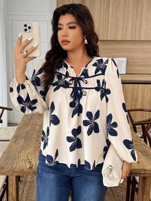 Weeklong Plus Size Elegant Floral Print Tie Front Shirt Fall Cloth For Women