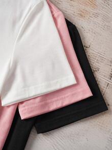 SHEIN EZwear Set de 3 camisetas de mujer de manga corta, cuello redondo, estilo casual y suelto con patrón simple, ligeramente transparentes, adecuadas para el verano y el regreso a la escuela