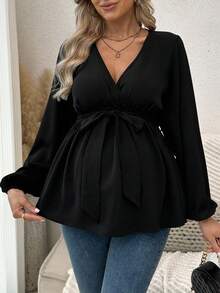 SHEIN Maternity Solid Color Lantern Sleeve Belted V-Neck Elegant Blouse - Black - View 5