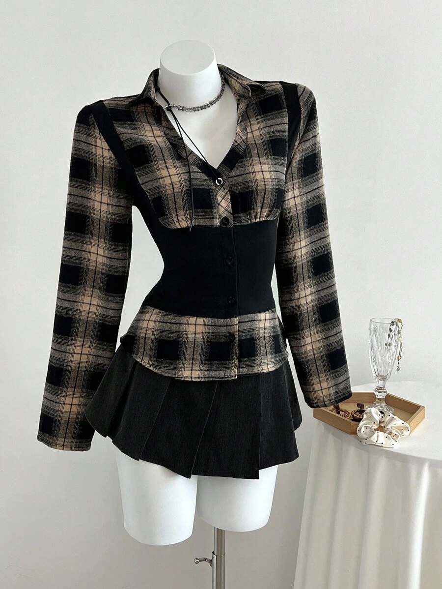 Elamini Women's Autumn/Winter Fashion Plaid Patchwork Contrast Color Waist Shirt Collar Long Sleeve Blouse Fall Cloth For Women - Multicolor - View 1