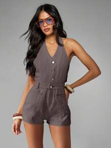 MISSGUIDED 复古风露背纽扣连身裤牛仔风格连体裤节日夏季连体裤休闲短裤工装裤 - 灰色 - 查看 4