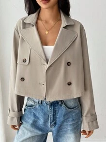 SHEIN PETITE 女款卡其色純色雙排扣短版夾克外套 秋季/教師節 辦公商務 經典優雅休閒 - 杏色 - 查看 11