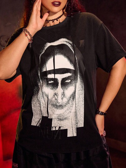 The Nun X SHEIN Plus Size Women's Casual Fashion Street Chic Dark Figure Print Loose Fit T-Shirt, Summer Goth Shirt Horror Clothes Women Graphic Tees Women Oversized Nun Shirt Gothic Tshirt Women Horror Elements Tee Halloween Women Graphic Tshirt