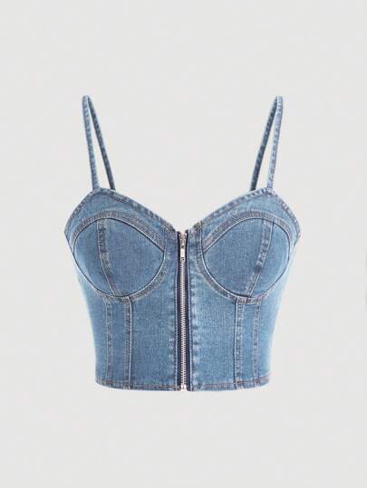 SHEIN MOD 女士拉链领休闲牛仔吊带背心