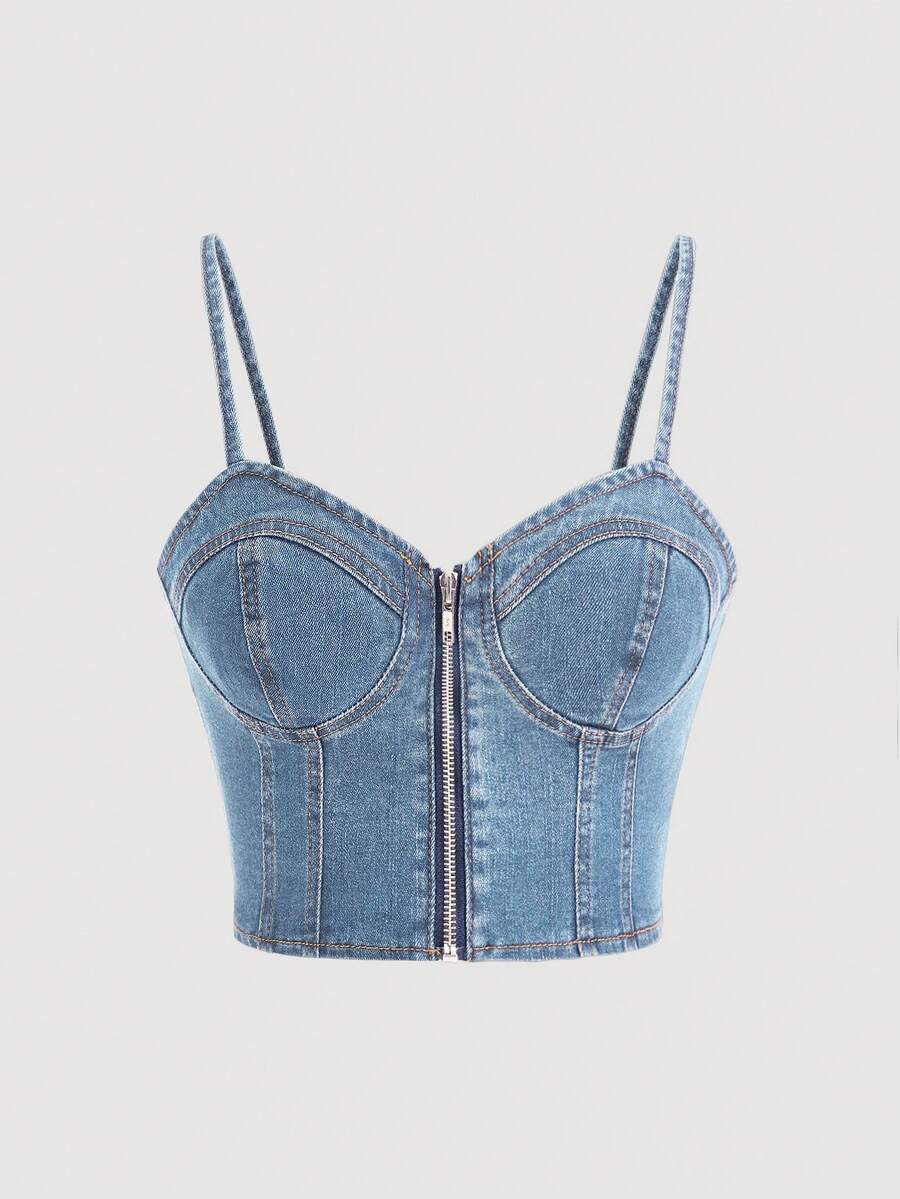 SHEIN MOD 女士拉链领休闲牛仔吊带背心 - 中等水洗藍 - 查看 1