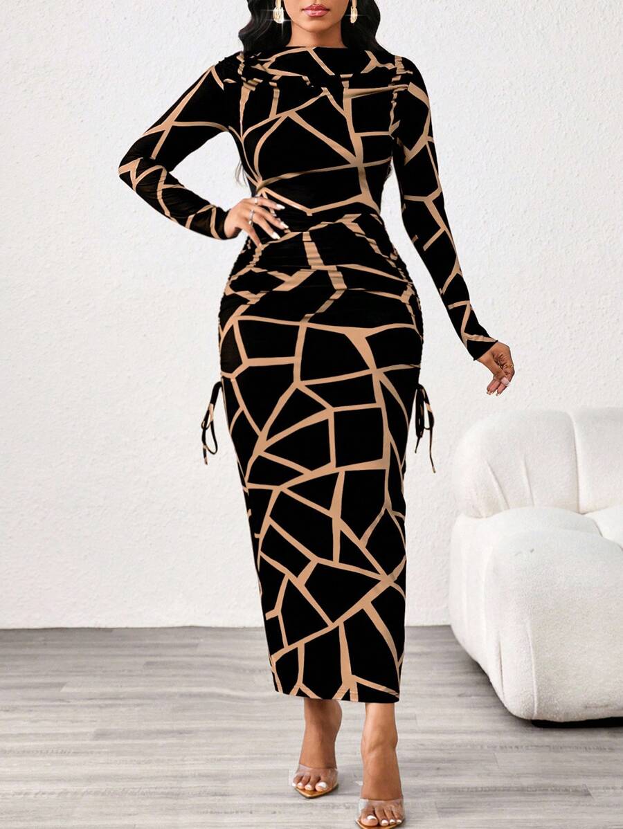 SHEIN Lady 豹纹修身长袖船领女装优雅精致女士连衣裙 - 彩色 - 查看 1